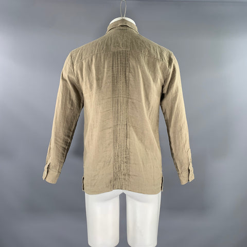 CARMEN RION Size S Green Olive Pleated Linen Long Sleeve Shirt