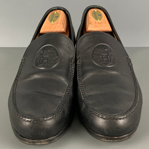 HERMES Size 9.5 H Crest Black Leather Slip On Loafers