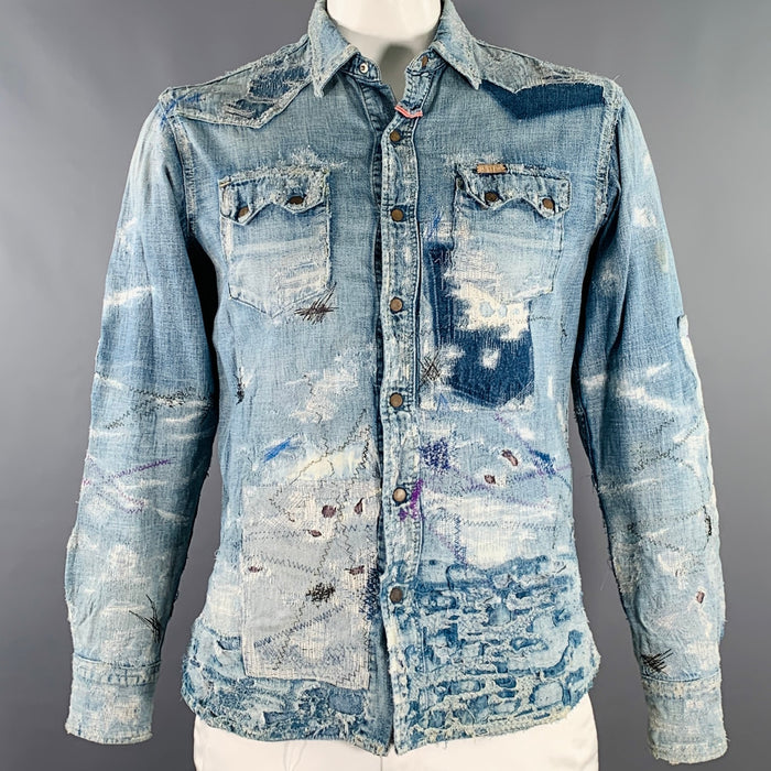 KAPITAL Size L Indigo Distressed Denim Snaps Long Sleeve Shirt