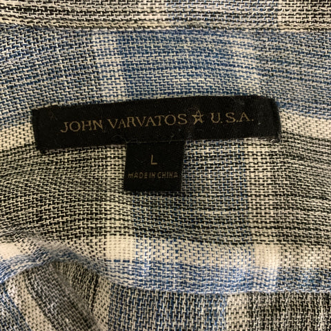 JOHN VARVATOS Size L Blue White & Black Plaid Pointed Collar Long Sleeve Shirt