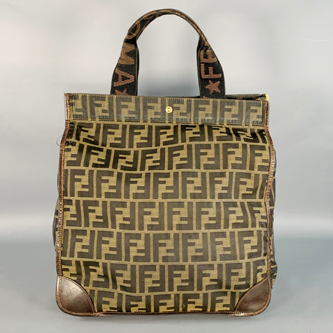 FENDI Brown Beige Monogram Nylon Foldable Tote Handbag