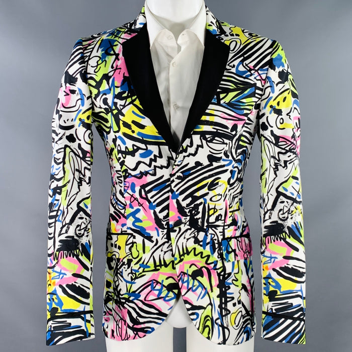 MOSCHINO COUTURE Size 38 Multi Color Print Cotton Notch Lapel Sport Coat