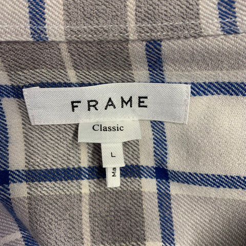 FRAME Size L White Grey Navy Cotton Patch Pockets Long Sleeve Shirt