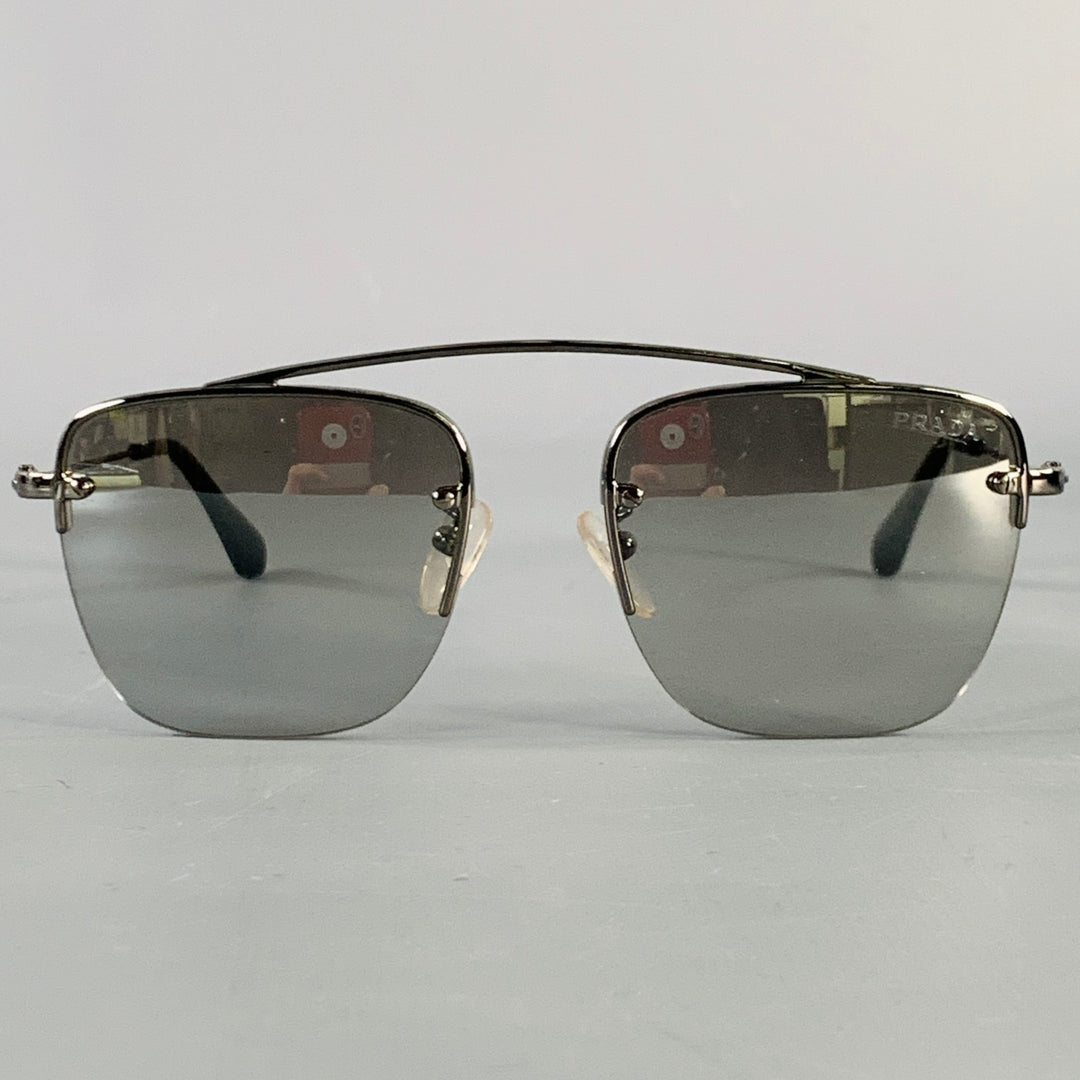 PRADA Silver Metal Square Semi Rimless Sunglasses