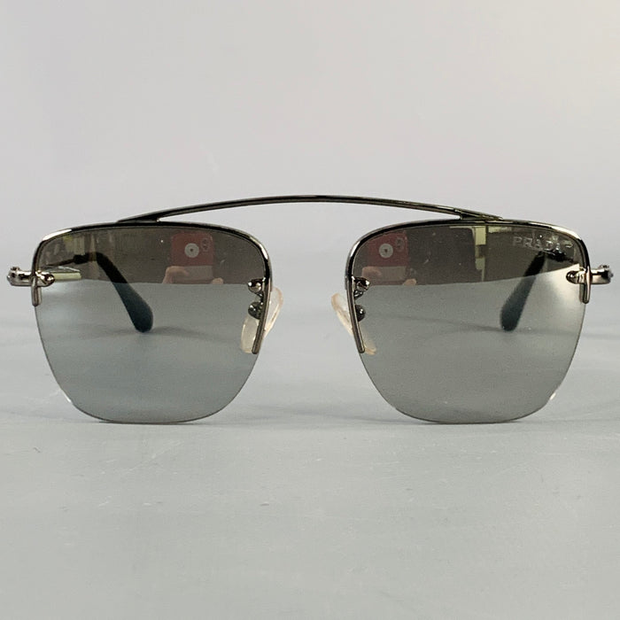 PRADA Silver Metal Square Semi Rimless Sunglasses
