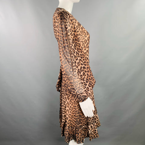 GANNI Size 2 Brown Beige Polyamide Animal Print Wrap Dress