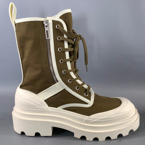 BOTTEGA VENETA Size 13.5 Green Cream Canvas Ankle Boots
