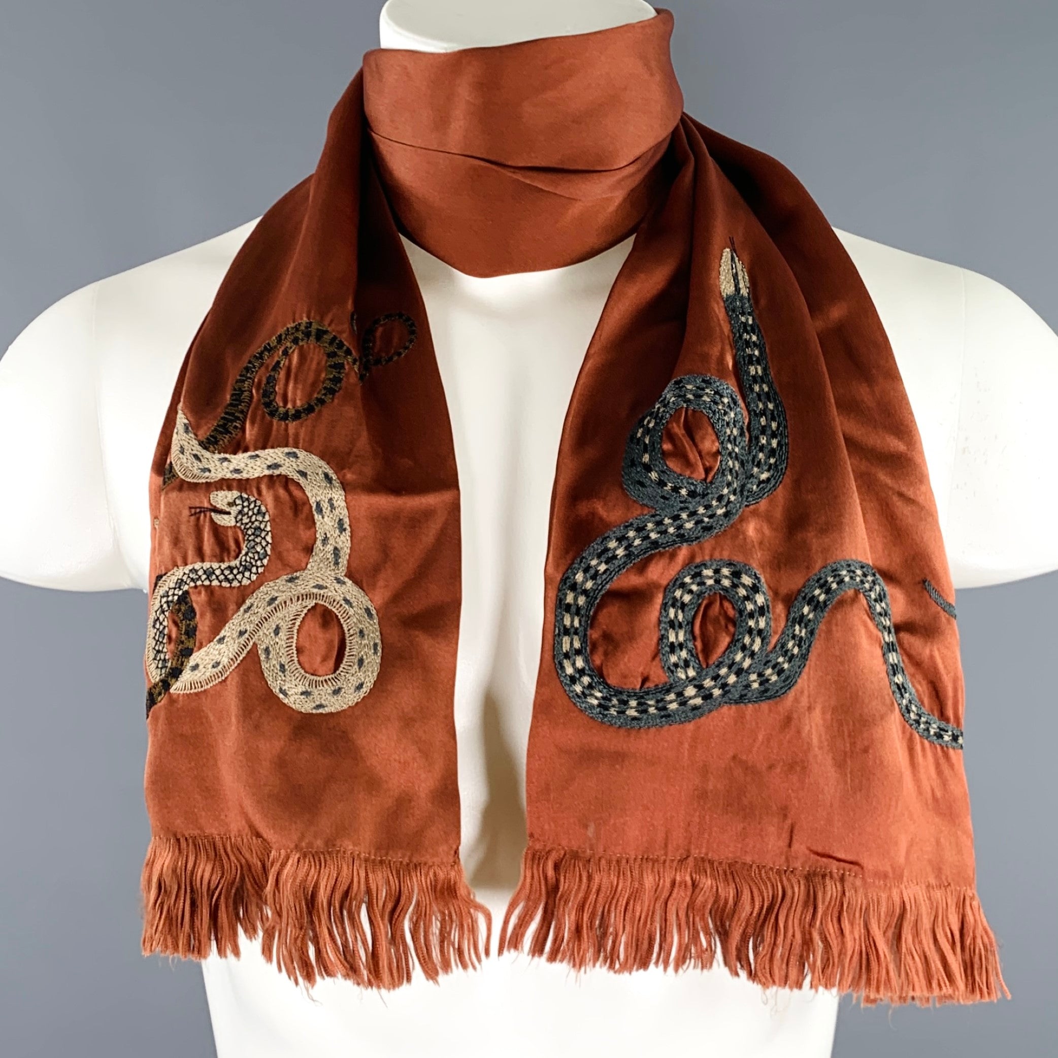 DRIES VAN NOTEN Brown Grey Embroidered Snake Silk Satin Scarf