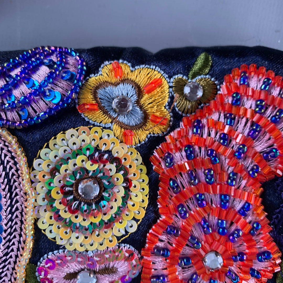 VINTAGE Navy Pink Beaded Sequined Floral Satin Clutch Handbag