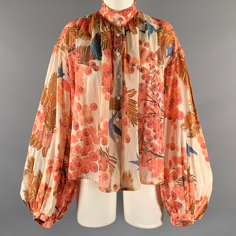 THIERRY COLSON Size M White Peach Cotton Floral Blouse