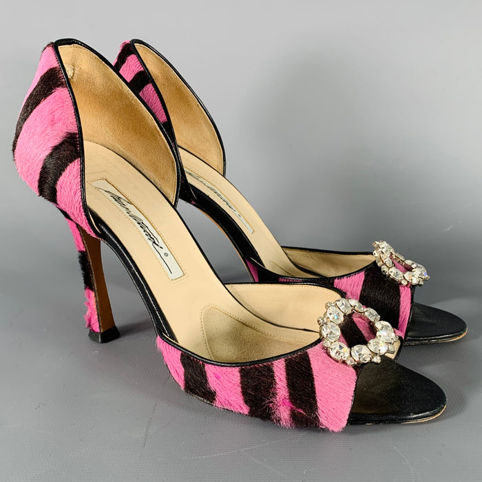 BRIAN ATWOOD Size 7.5 Pink Brown Stripe Calf Hair Peep Toe Heels Pumps