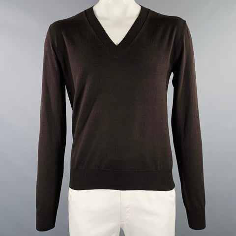 BOTTEGA VENETA Size L Brown Knit Wool Blend V-Neck Pullover