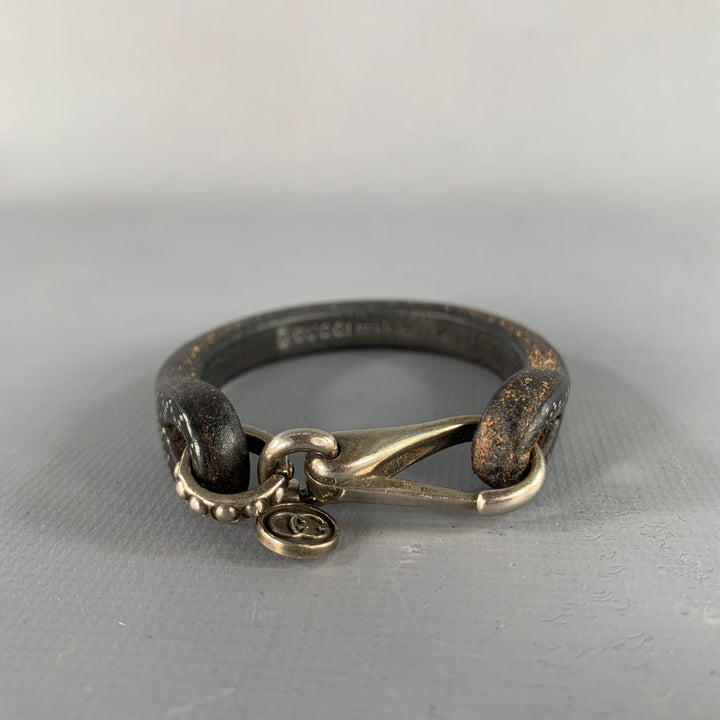 GUCCI Brown Silver Dots Leather Sterling Silver Clasp Bracelet