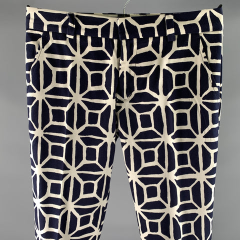 MR TURK Size 30 White Navy Tile Print Cotton Blend Slim Dress Pants