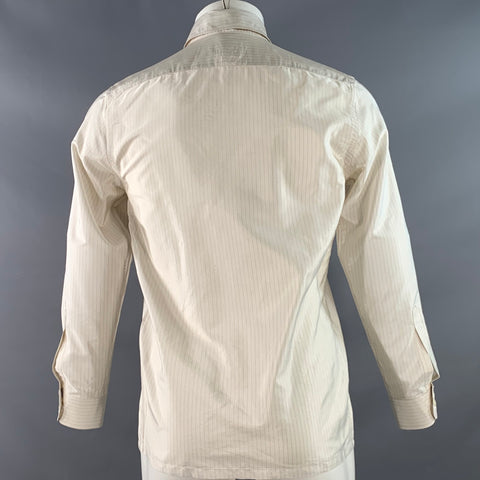 PRADA Size S White Beige Stripe Silk Curved Cutaway One Pocket Long Sleeve Shirt