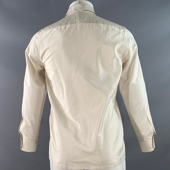 PRADA Size S White Beige Stripe Silk Curved Cutaway One Pocket Long Sleeve Shirt