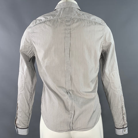 BURBERRY PRORSUM Size S White Grey Stripe Cotton One Pocket Long Sleeve Shirt