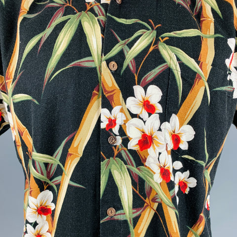 POHAKU T'S Size L Black Multi Color Hawaiian Cotton Camp Short Sleeve Shirt