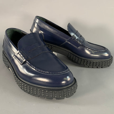 VALENTINO Size 9 Navy Leather Tread Sole Slip On Penny Loafers