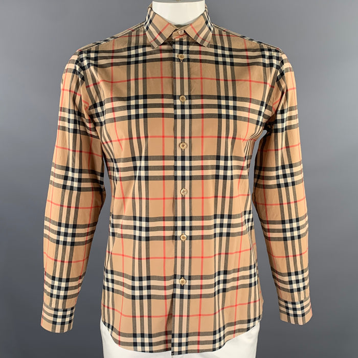 BURBERRY Size L Khaki Red Black Plaid Cotton Long Sleeve Shirt