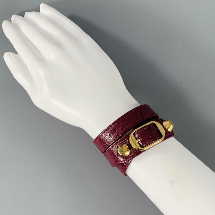 BALENCIAGA Burgundy Gold Studded Leather Bracelet