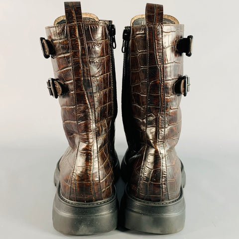 MICH SIMON Size 11 Brown Croc Embossed Leather Lace-Up Belt Calf High Military Boots