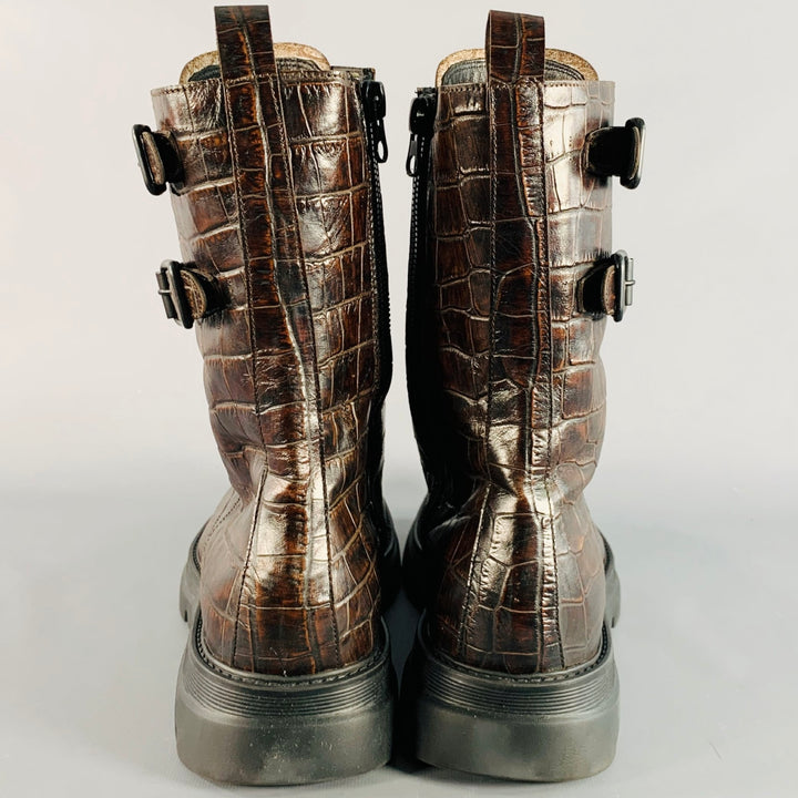 MICH SIMON Size 11 Brown Croc Embossed Leather Lace-Up Belt Calf High Military Boots