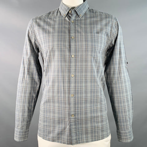 JOHN VARVATOS * U.S.A. Size L Blue Brown White Plaid Cotton Button Down Collar Roll Tab Long Sleeve Shirt