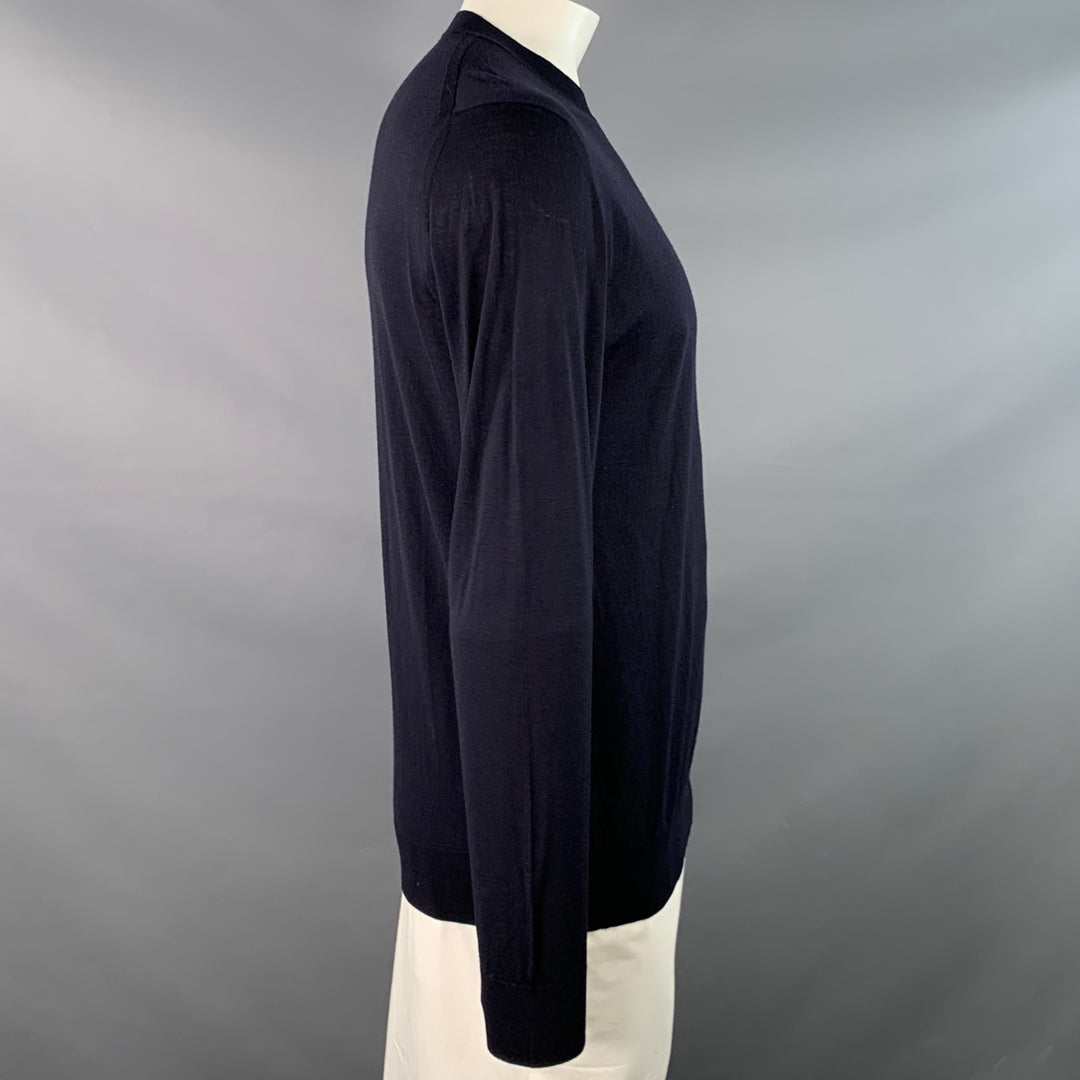 PRADA Size L Navy White Jersey Logo Virgin Wool Long Sleeve Pullover
