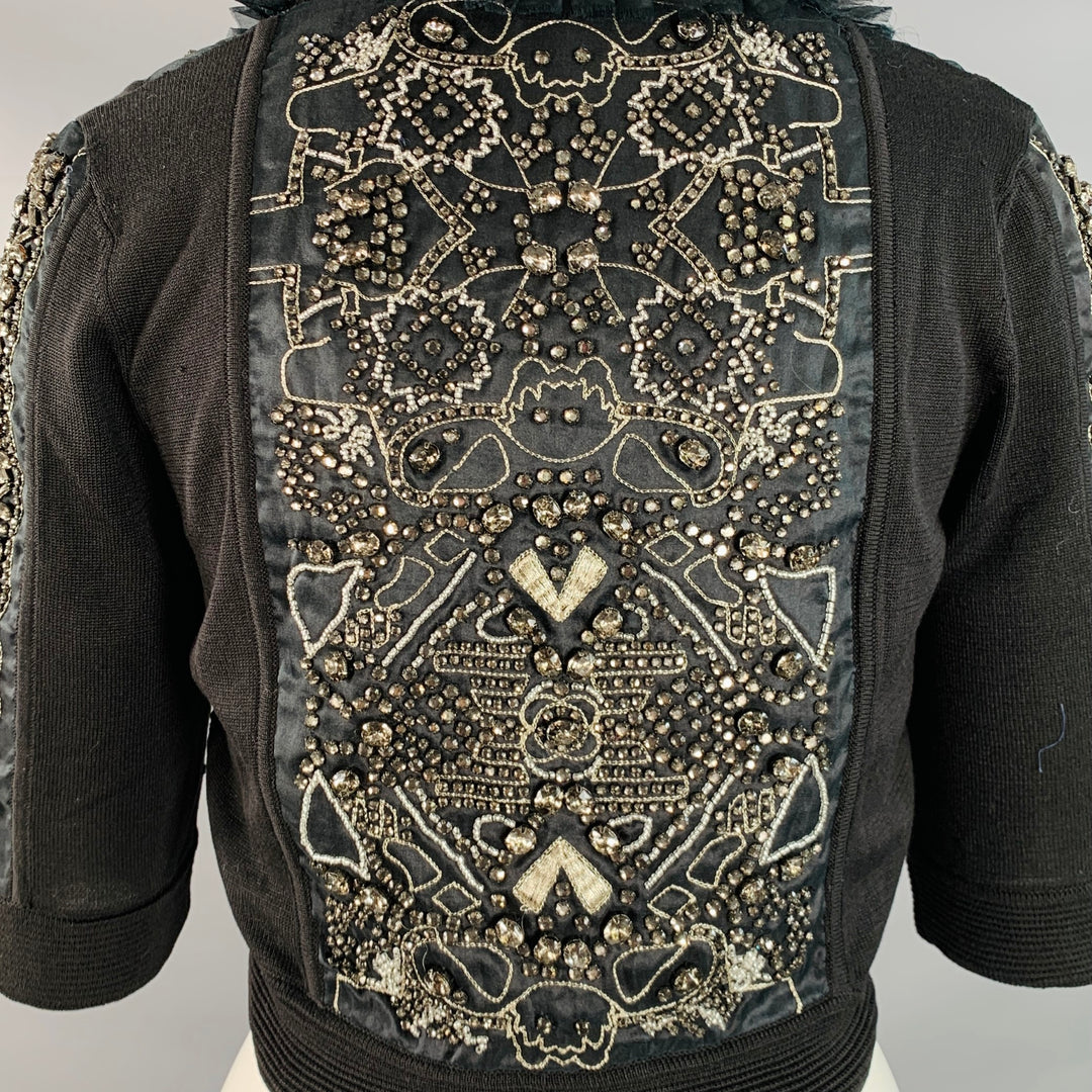CHRISTIAN LACROIX Size S Black Silver Silk Beaded Cropped Cardigan