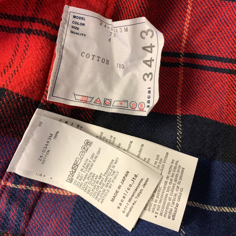 SACAI Size XL Red Multi Color Plaid Cotton Oversized Long Sleeve Shirt