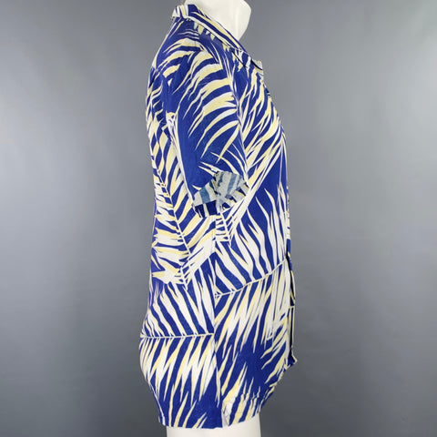 DOUBLE RAINBOUU Size M Blue White Yellow Leaves Rayon Camp Short Sleeve Shirt