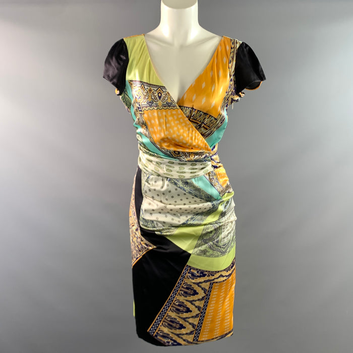 ETRO SS2014 Size 6 Yellow Multi Color Silk Blend Paisley V Neck Midi Dress