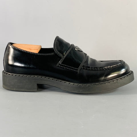 PRADA Size 12 Black Silver Logo Leather Split Toe Slip On Loafers