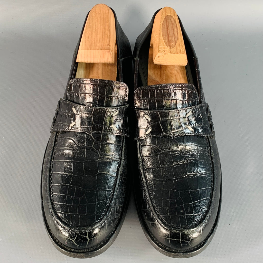 MAISON MARGIELA Size 10 Black Croc Embossed Leather Loafer Flats
