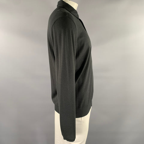 JOHN VARVATOS Size L Black Geometric Lyocel Cotton Long Sleeve Polo