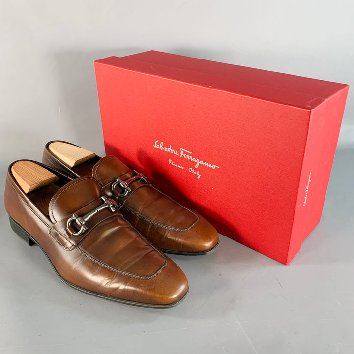 SALVATORE FERRAGAMO Size 10.5 Giant Brown Silver Leather Horsebit Loafers