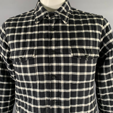 ASPESI Size L Black White Plaid Quilted Cotton Shirt Jacket