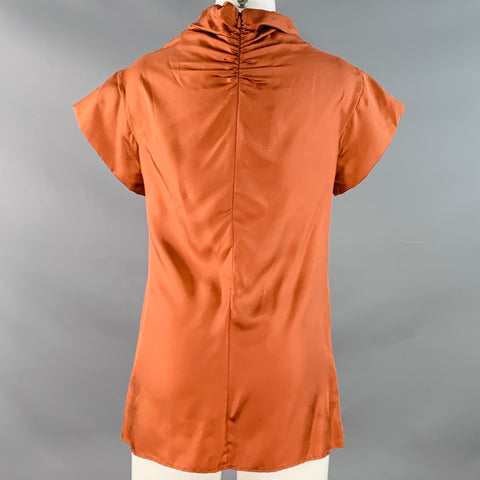 HUGO BOSS Size 4 Brown Copper Silk Ruffled Short Sleeve Blouse
