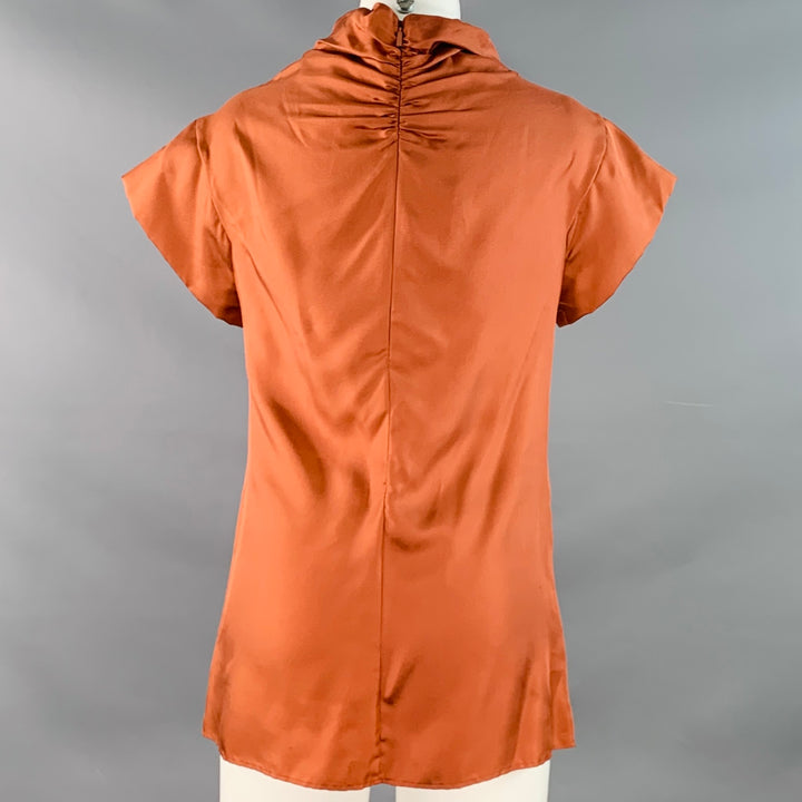 HUGO BOSS Size 4 Brown Copper Silk Ruffled Short Sleeve Blouse