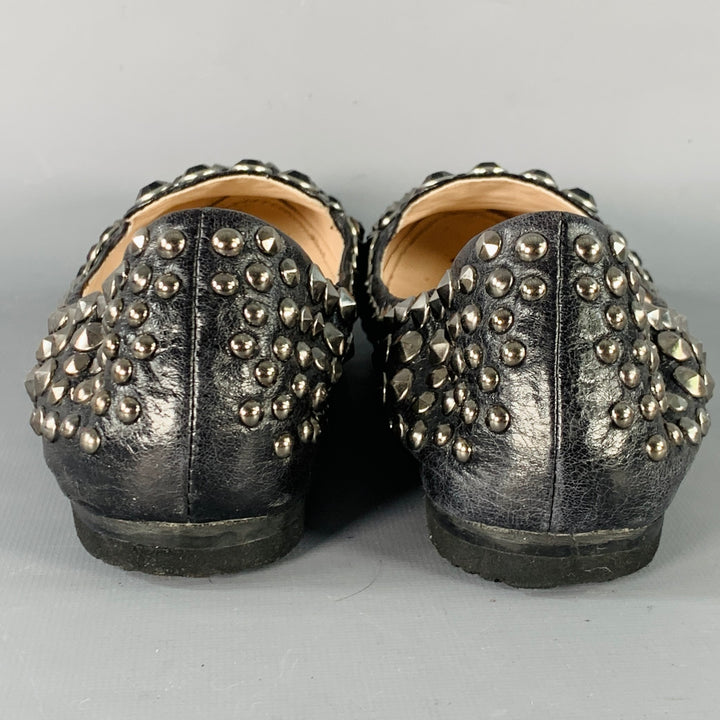 PRADA Size 7.5 Black Silver Leather Studded Flats