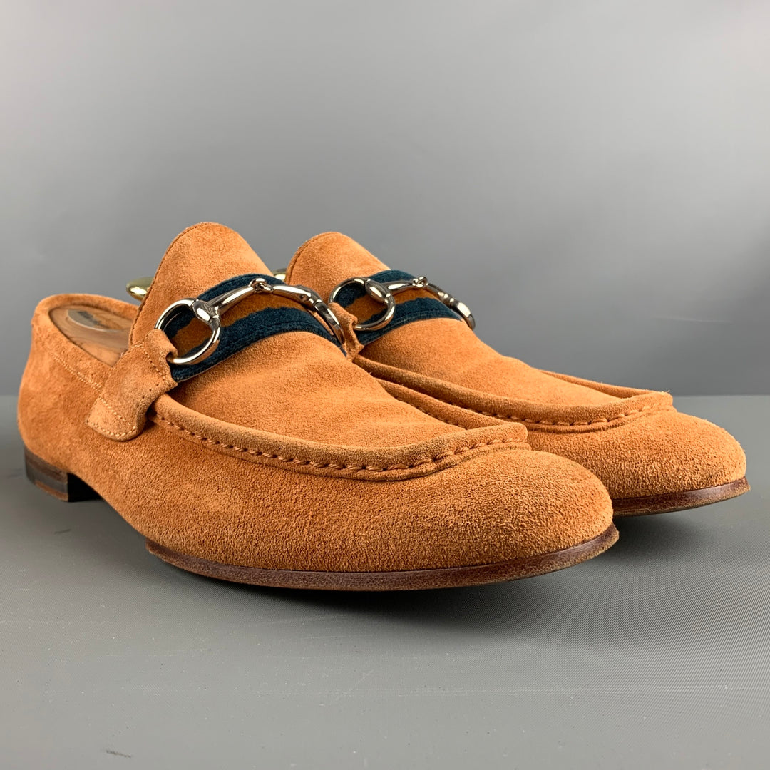 GUCCI Size 9 Tan Textured Suede Horsebit Loafers