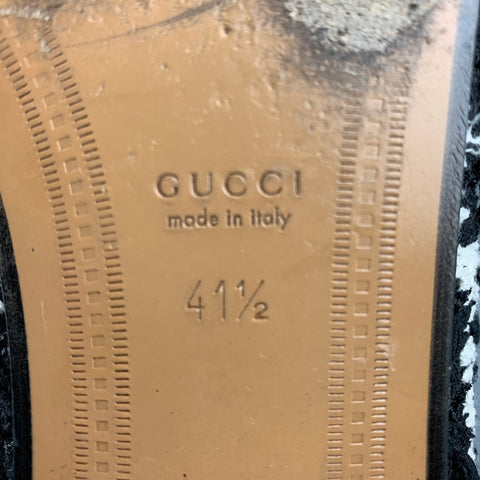 GUCCI Size 11.5 Black White Tweed Monogram Leather Slip On Flats