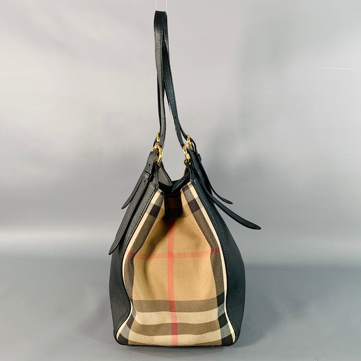 BURBERRY Small Canter Black Beige Plaid Pebble Grain Leather Canvas Handbag