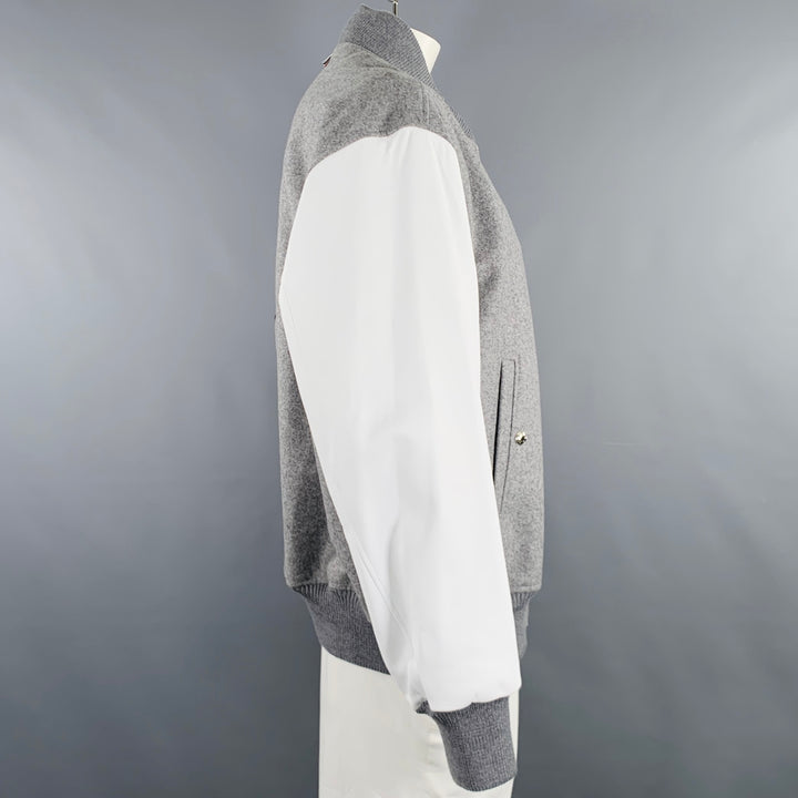 THOM BROWNE Size XL Grey White Mixed Materials Wool Varsity Jacket