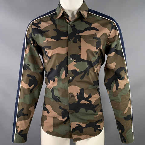 VALENTINO Size M Green Olive Blue Camouflage Cotton One Pocket Track Stripe Long Sleeve Shirt
