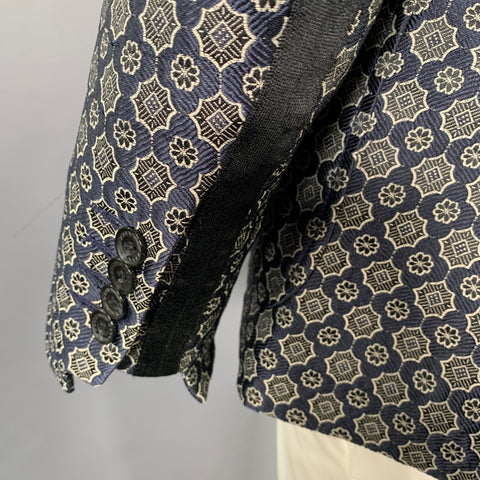 EFM Size 42 Navy Grey Jacquard Polyester Blend Single Button Sport Coat