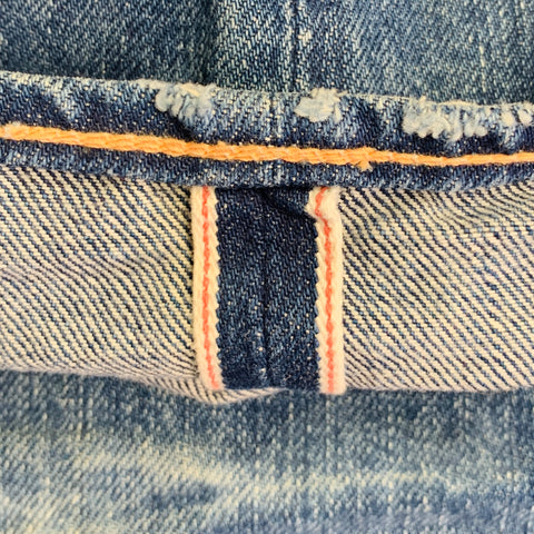 KURO Size 29 Graphite Blue Contrast Stitch Cotton Distressed Selvedge Jeans