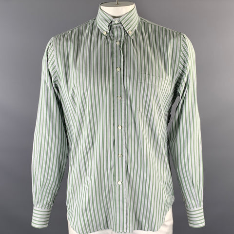 LORO PIANA Size XL White Green Blue Stripe Cotton Long Sleeve Shirt