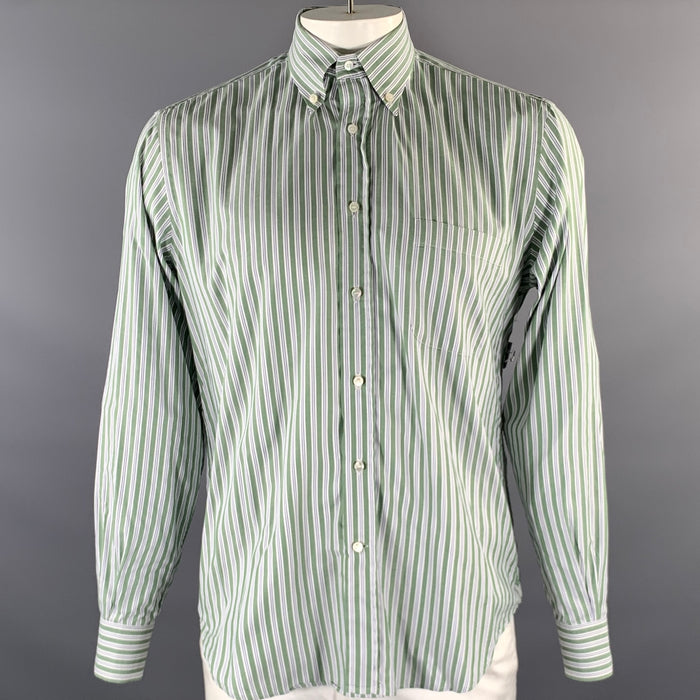 LORO PIANA Size XL White Green Blue Stripe Cotton Long Sleeve Shirt